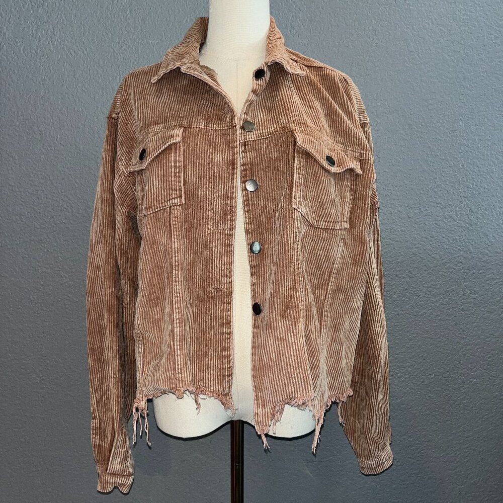 POL ANTHROPOLOGIE DISTRESSED RAW HEM CORDUROY OVERSIZED CROPPED JACKET CINNAMON